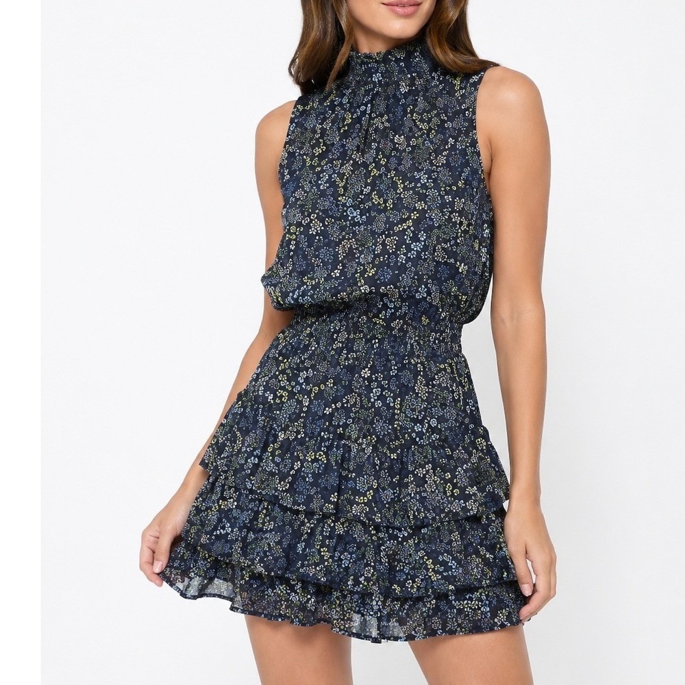 Women's Blue Floral Mini Dress Size Small Sleeveless Mock Neck Fit & Flare Party